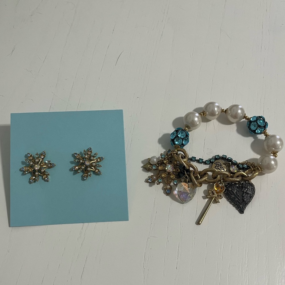 Blue Betsy Johnson bracelet, earrings